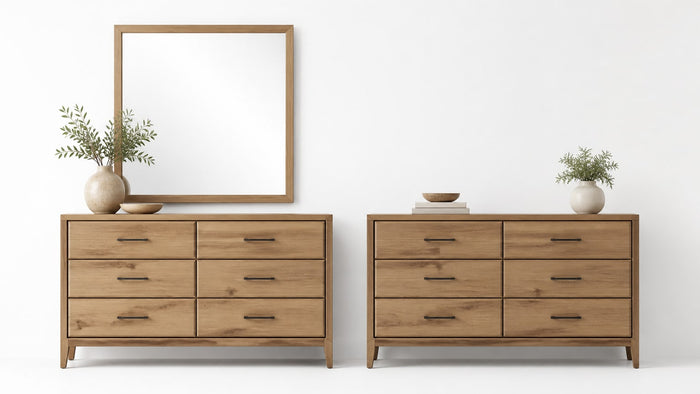 Side-by-side comparison of two dressers: one with a mirror and one without, displayed on a clean white background.