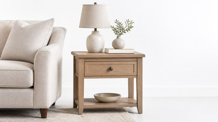 Modern end table with drawer and lamp in a stylish living room setting on white background
