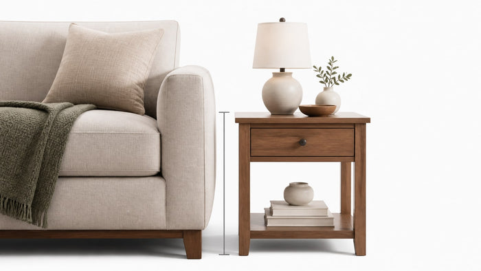 Stylish modern end table positioned next to a sofa in a clean white studio setting