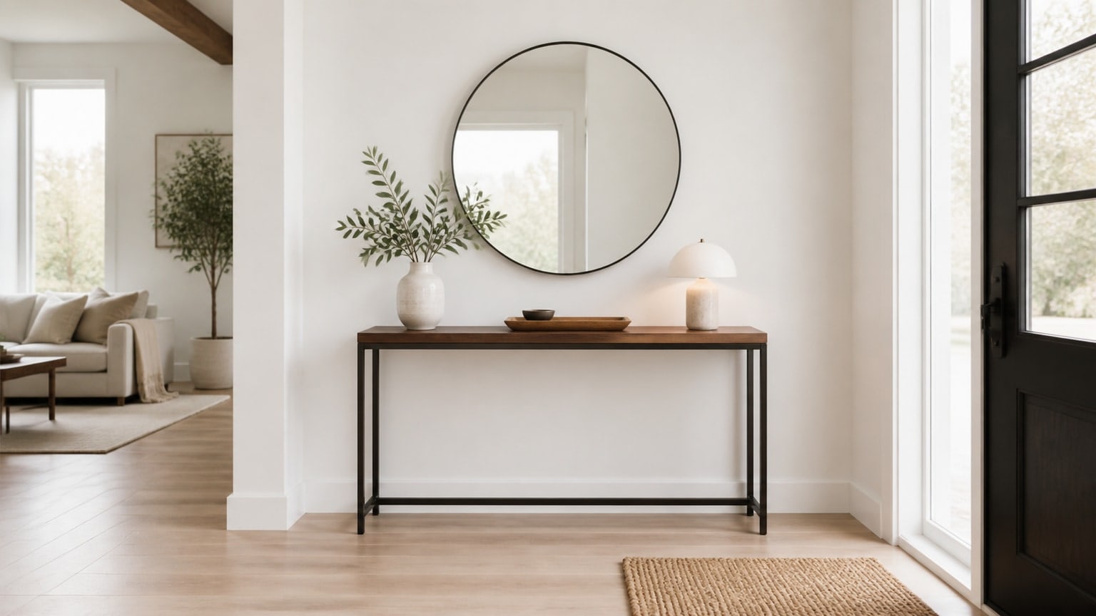 Stylish entryway console table with mirror and lamp on white background