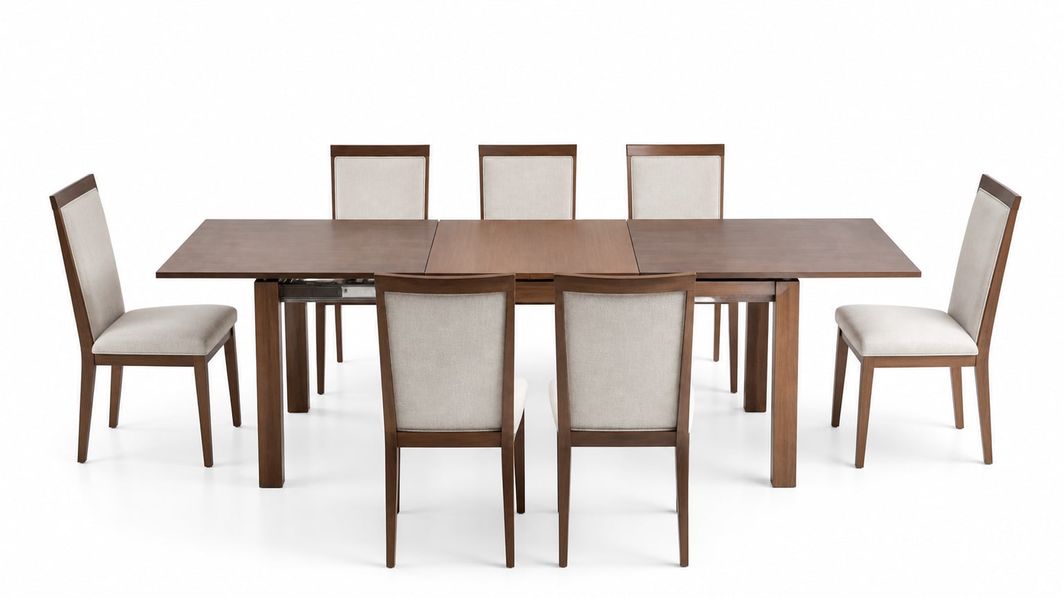 Modern extendable dining table with chairs, white background
