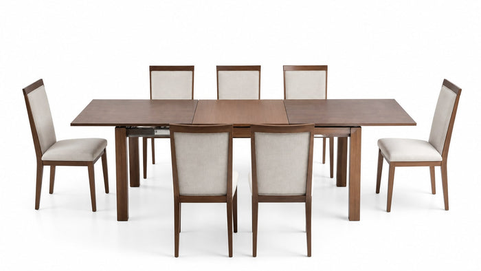 Modern extendable dining table with chairs, white background