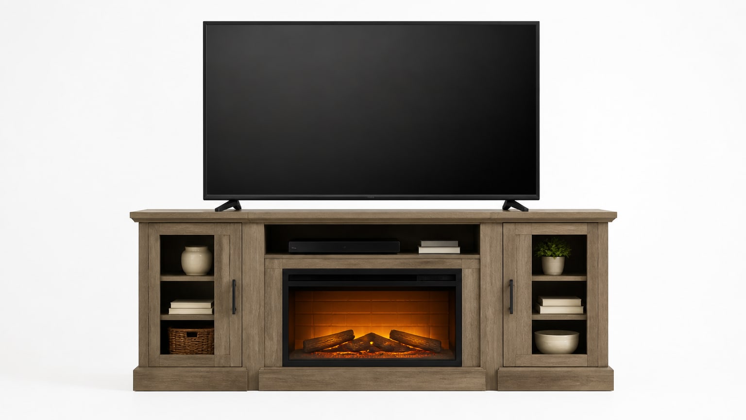 Modern fireplace TV stand with electric fireplace insert and flat-screen TV on a clean white background
