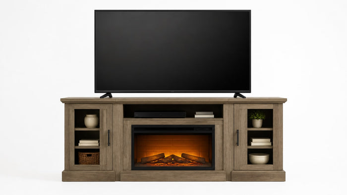 Modern fireplace TV stand with electric fireplace insert and flat-screen TV on a clean white background