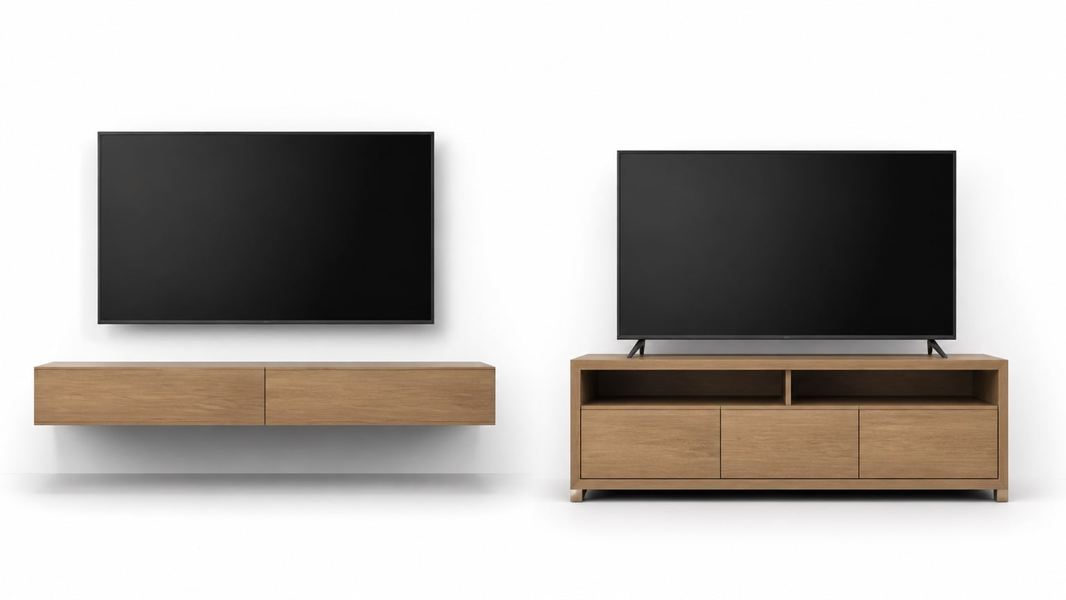 Modern floating TV stand mounted on a white wall in a sleek, stylish living room