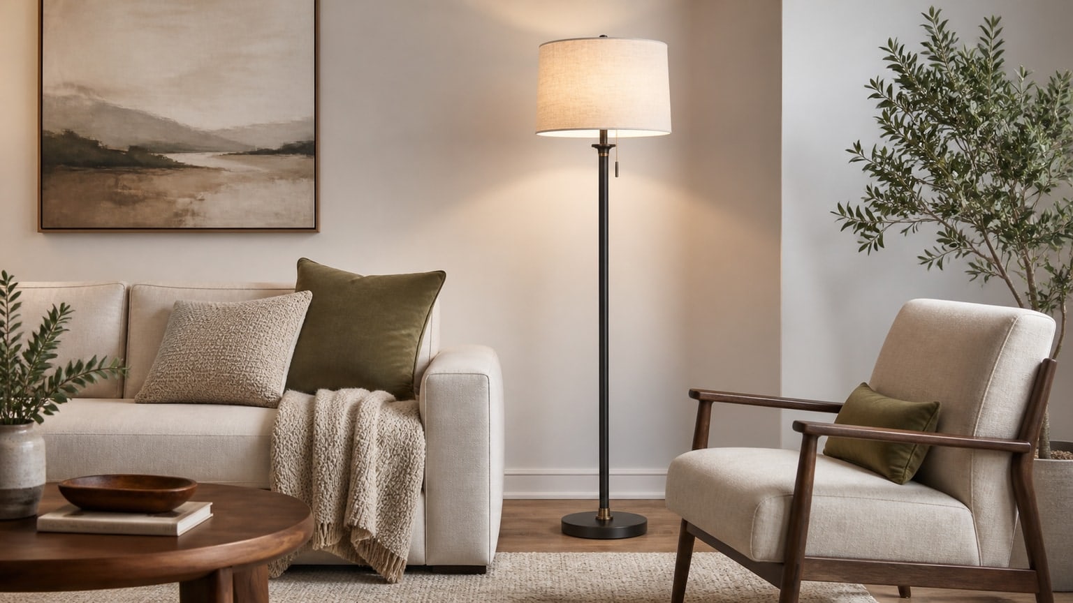 Modern arc floor lamp with warm light beside a sofa on white background, showing lamp shade, base, and cord management.