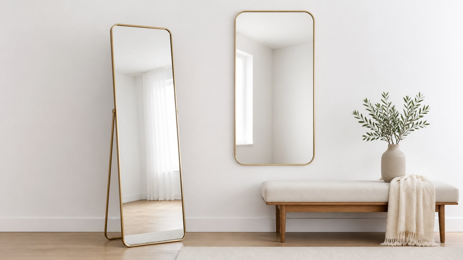 Modern floor mirror leaning against wall and wall mirror mounted side by side in minimalist setting, showing clear reflections and elegant frames