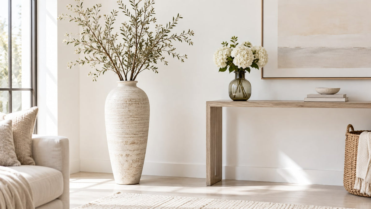 Stylish display of floor and table vases with decorative accessories on neutral background