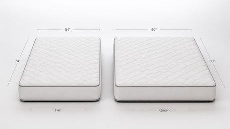 Ecommerce product photo showing side-by-side queen and full mattresses with nominal dimension labels on a white background