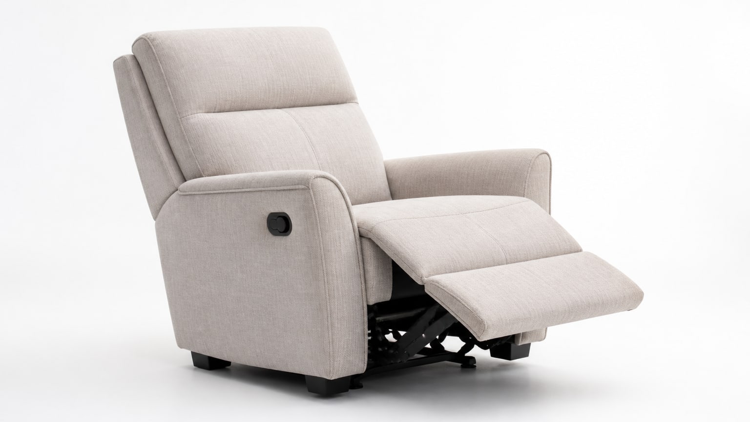Modern fabric recliner chair with slight recline on white background