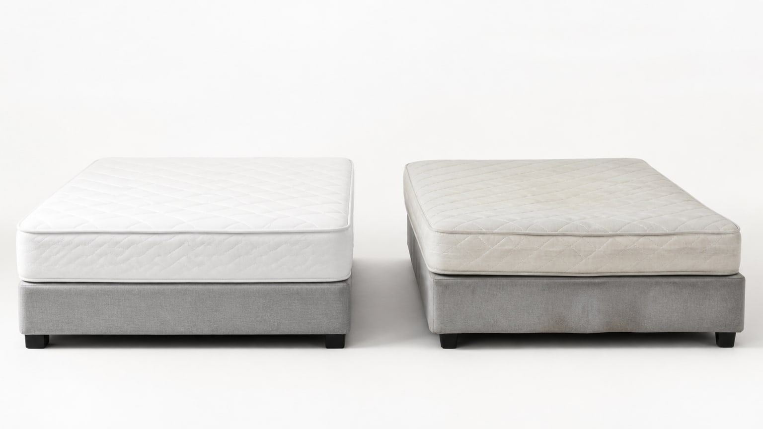 Realistic box spring and mattress foundation on white background with clean studio lighting