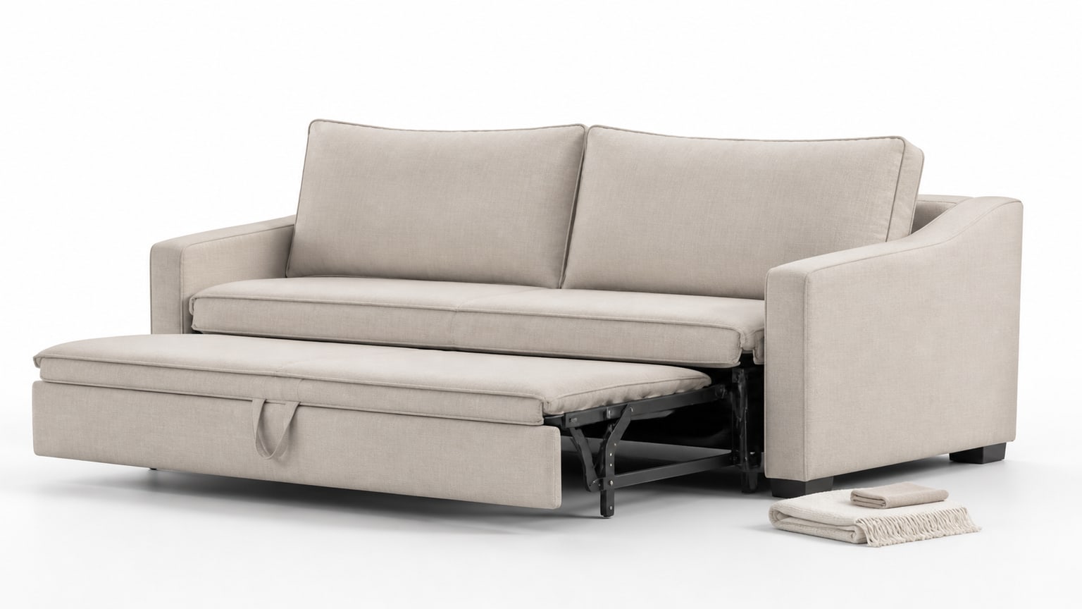 Modern sleeper sofa shown in closed position and partially opened pull-out bed on a clean white background