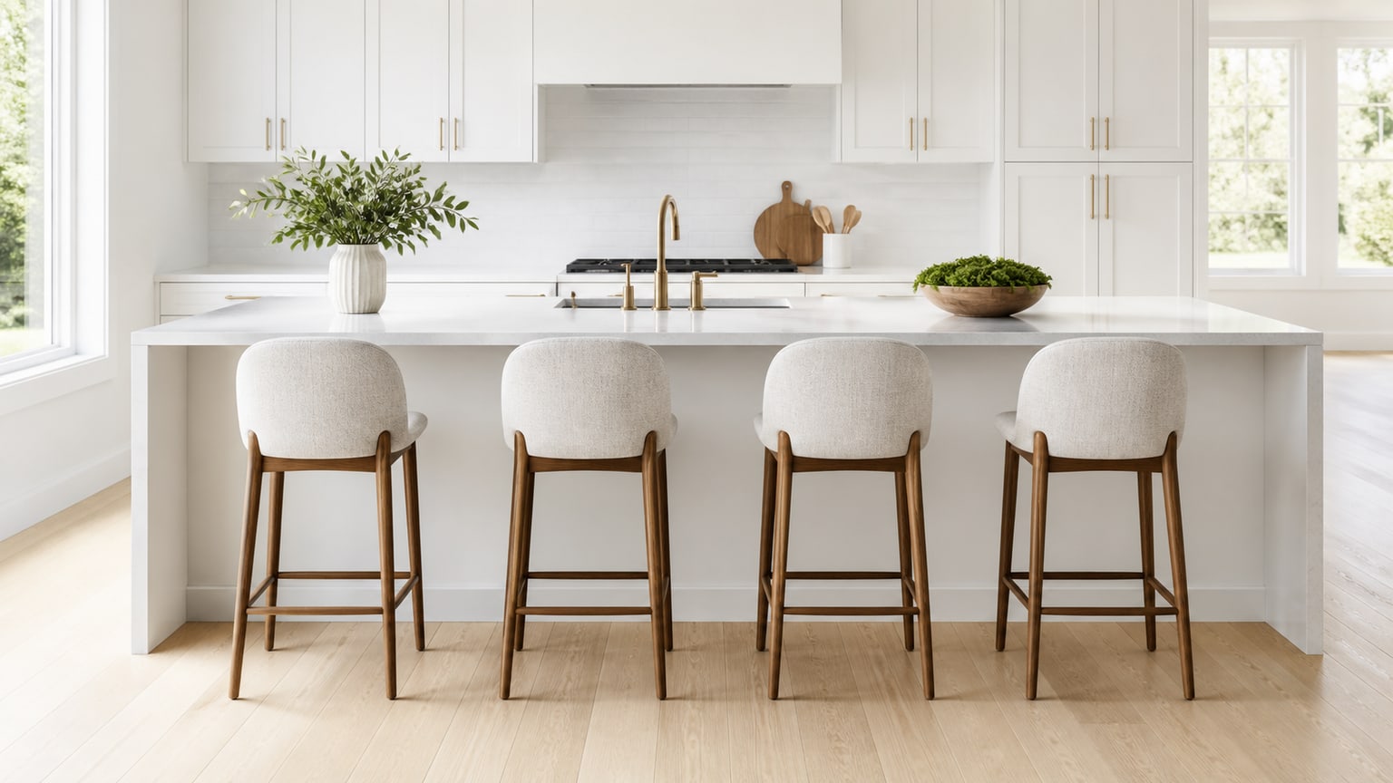 Modern bar stools and counter stools arranged neatly along a bright white kitchen island with a countertop overhang, illustrating comfortable seating spacing and style variety.