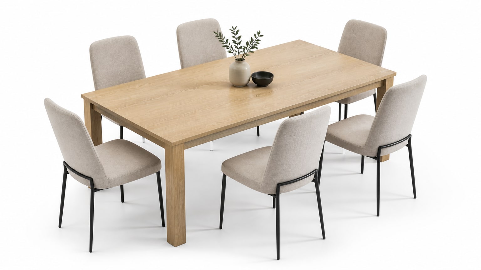 Modern dining chairs arranged around a dining table with ample spacing on a clean white background.