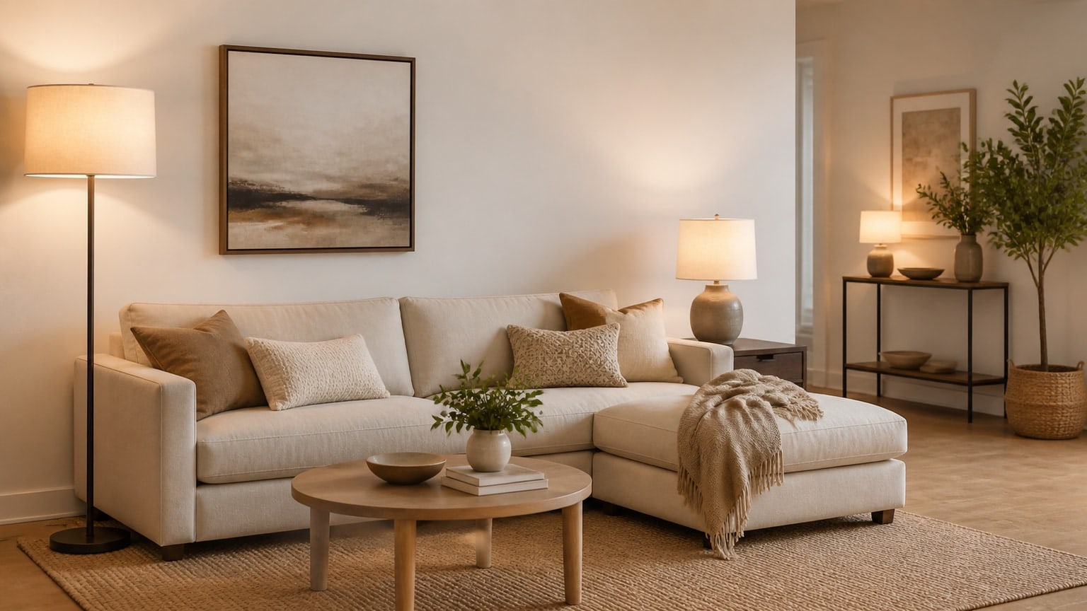 Modern living room lighting setup with arc floor lamp and table lamps showing balanced warm illumination.