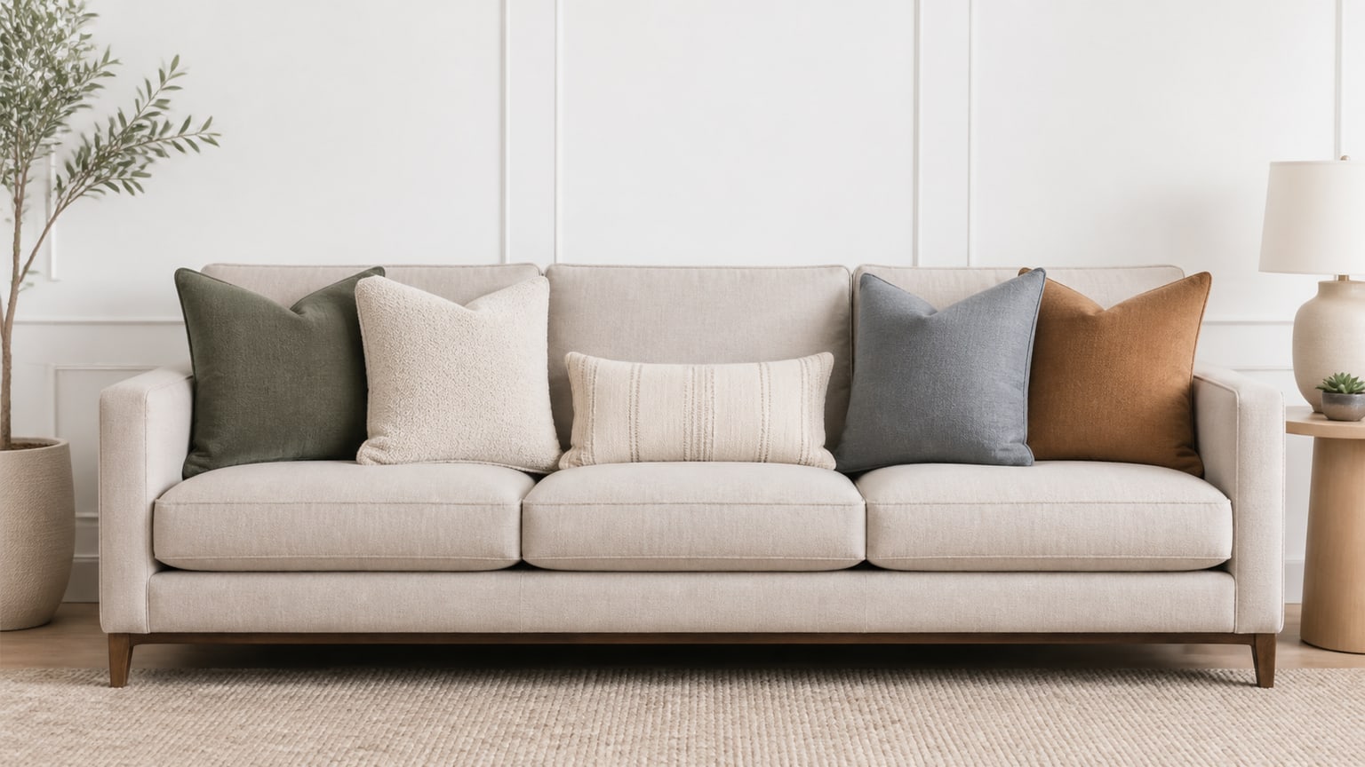 Elegant sofa decorated with an arrangement of mixed size throw pillows including square, lumbar, and bolster pillows in solid and patterned covers on white studio background