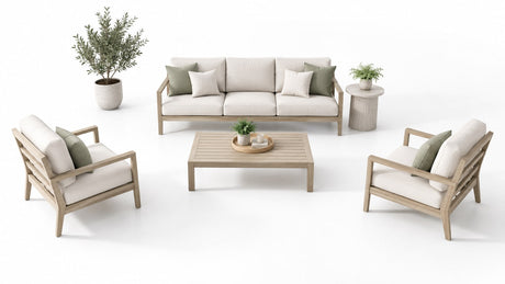 Modern outdoor patio seating arrangement with sofa, loveseat, lounge chairs, and tables on a bright white patio