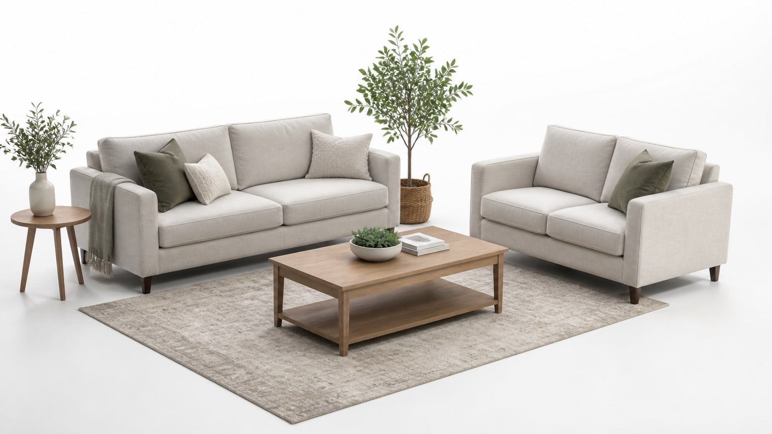 Compact two-seat loveseat with neutral upholstery on a white background, shown from a slight angle to highlight design and scale.