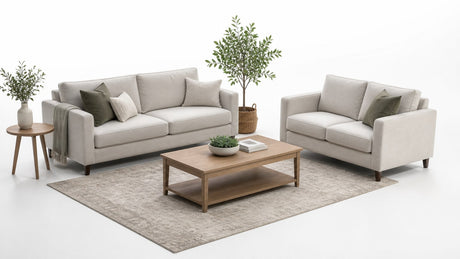 Compact two-seat loveseat with neutral upholstery on a white background, shown from a slight angle to highlight design and scale.