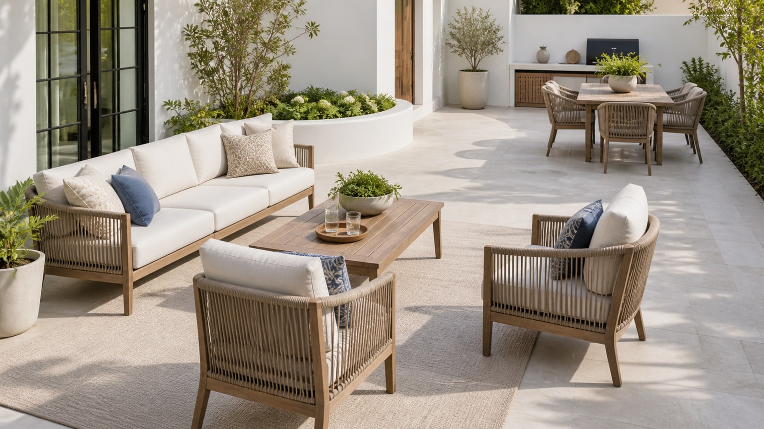 Modern outdoor sectional and patio dining furniture arranged on bright white patio highlighting conversation and dining zones