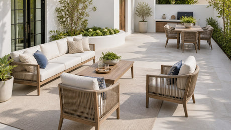 Modern outdoor sectional and patio dining furniture arranged on bright white patio highlighting conversation and dining zones