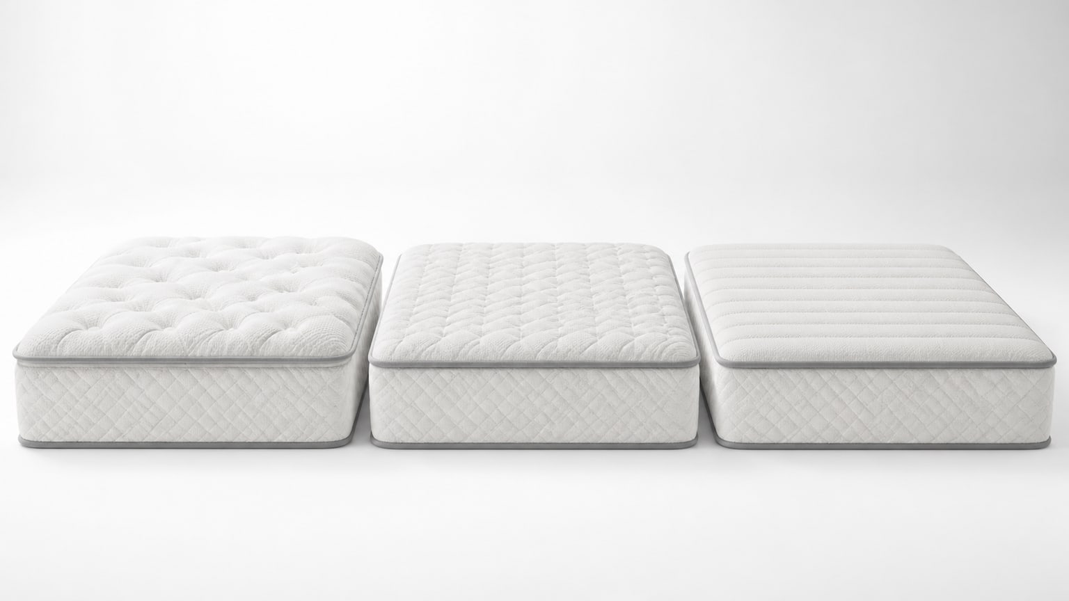 Cutaway view of mattress layers illustrating differences in comfort and firmness on white background