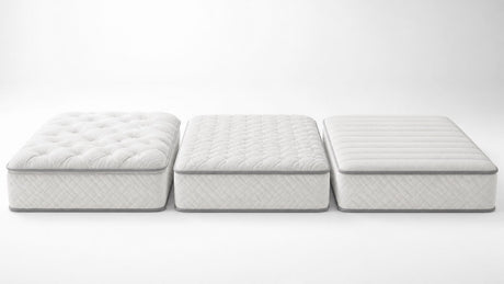 Cutaway view of mattress layers illustrating differences in comfort and firmness on white background