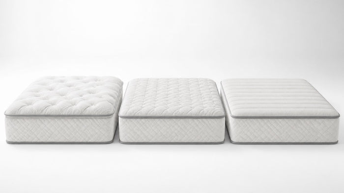 Cutaway view of mattress layers illustrating differences in comfort and firmness on white background