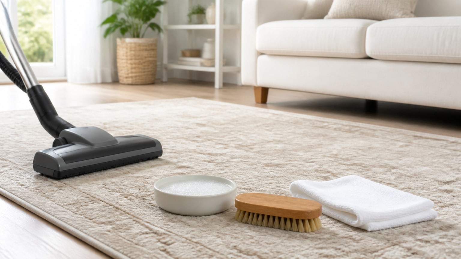 Elegant area rug with complementary furniture in a bright white living room