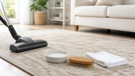 Elegant area rug with complementary furniture in a bright white living room