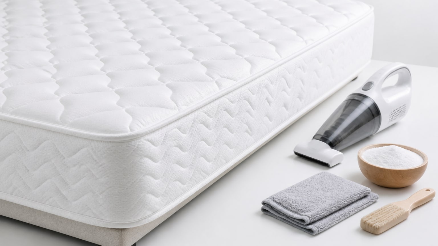 Clean mattress on white background under professional lighting for e-commerce display