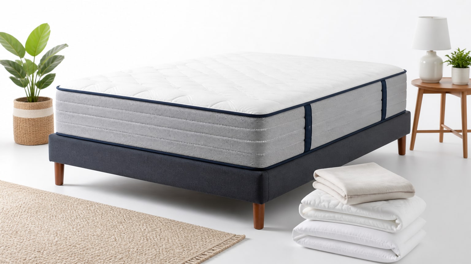 Durable modern mattress on white background under professional lighting