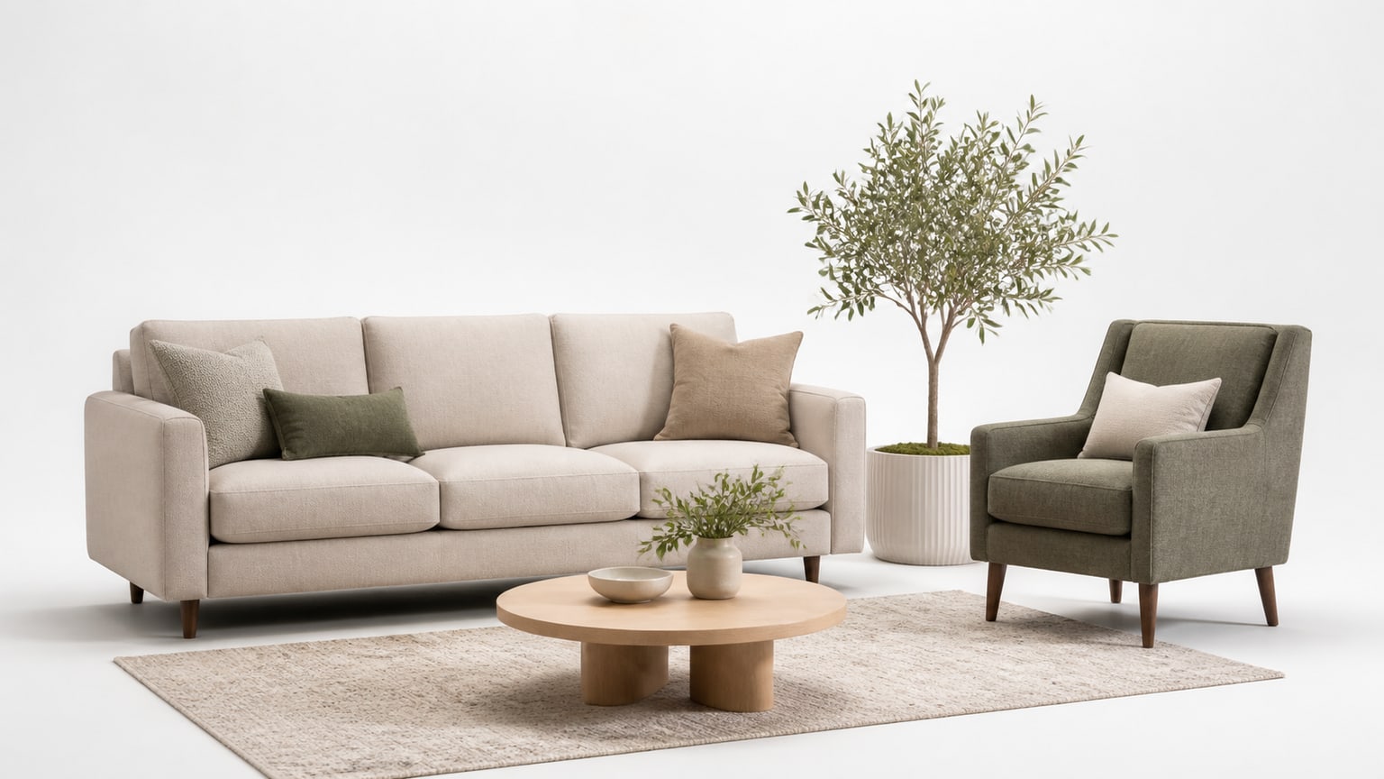 Modern accent chair matched with mid-century sofa coordinating upholstery and colors on white background