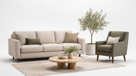 Modern accent chair matched with mid-century sofa coordinating upholstery and colors on white background