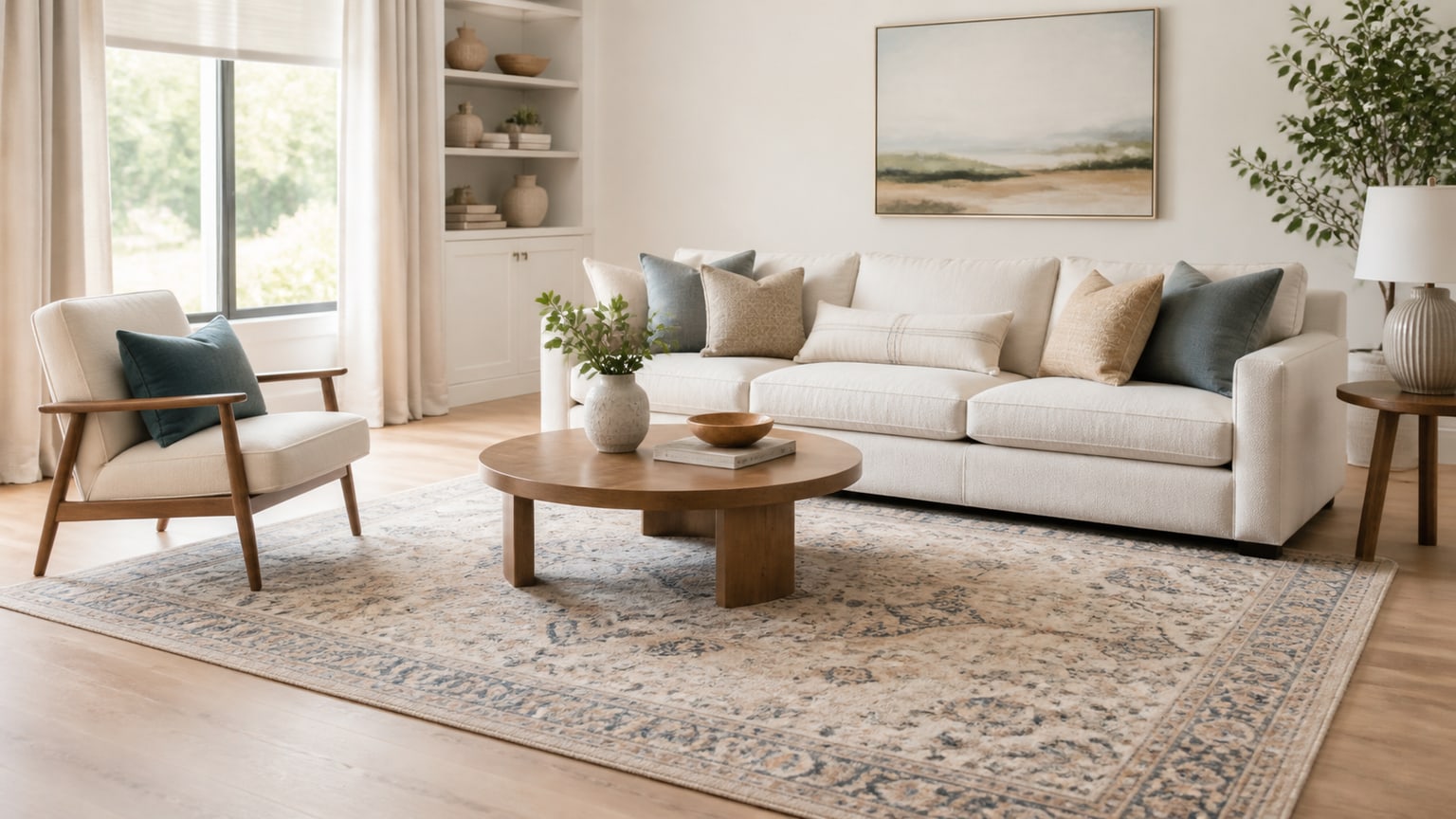 Living room with beige sectional sofa and patterned area rug in a white and neutral color scheme