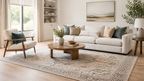 Living room with beige sectional sofa and patterned area rug in a white and neutral color scheme