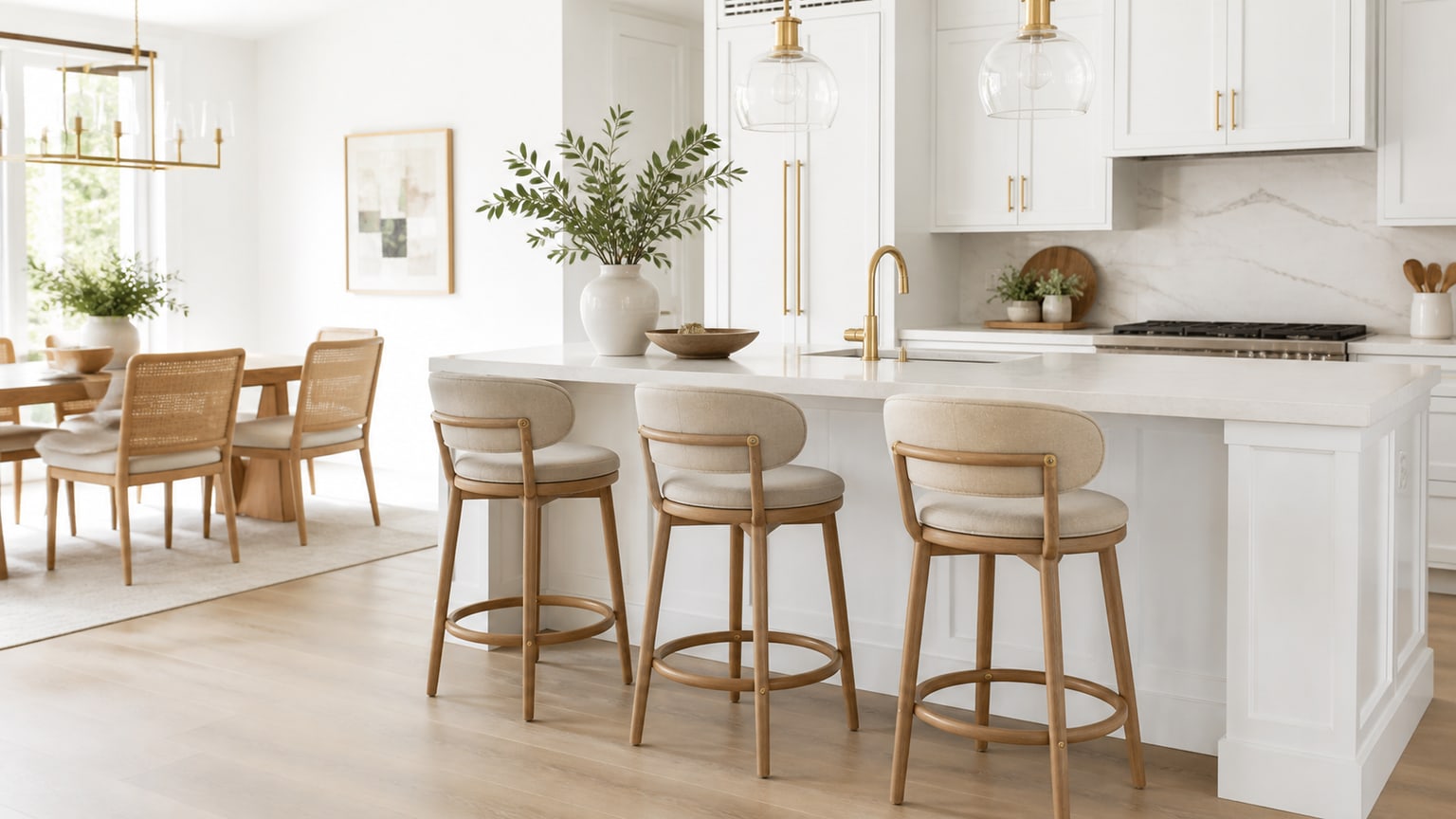 Modern bar stools and counter stools around a bright white kitchen island on a clean white background.