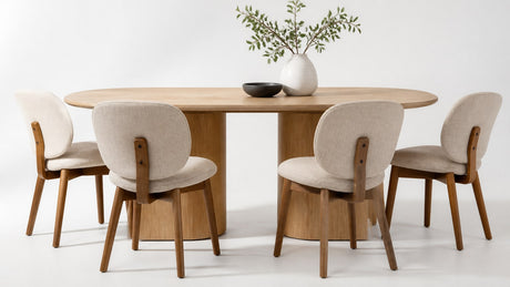 Modern upholstered wood dining chair on white studio background