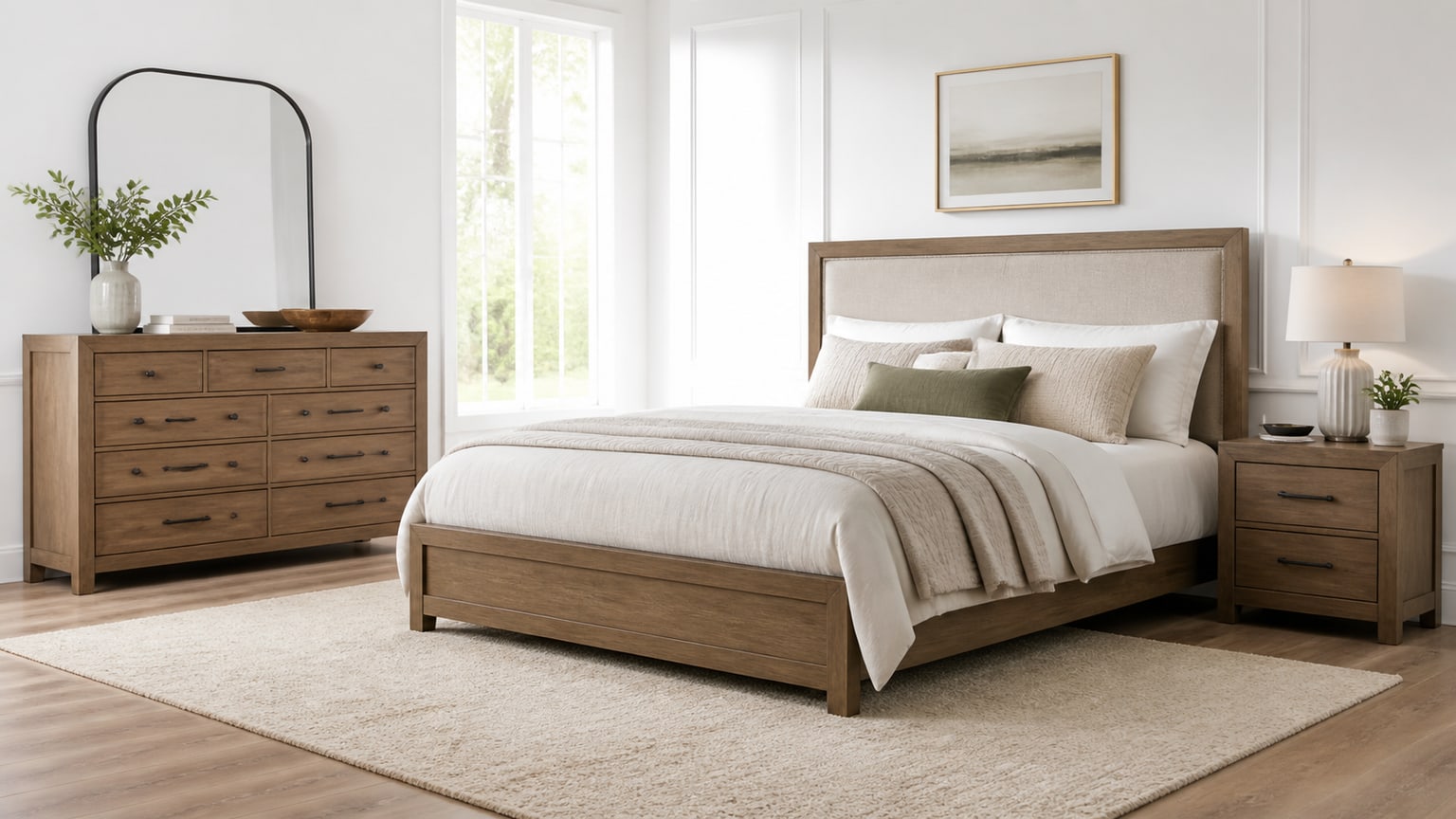 Modern bedroom dresser with multiple drawers and mirror on white background