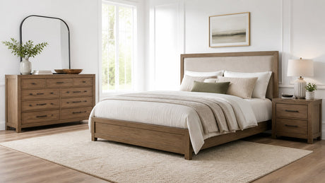 Modern bedroom dresser with multiple drawers and mirror on white background