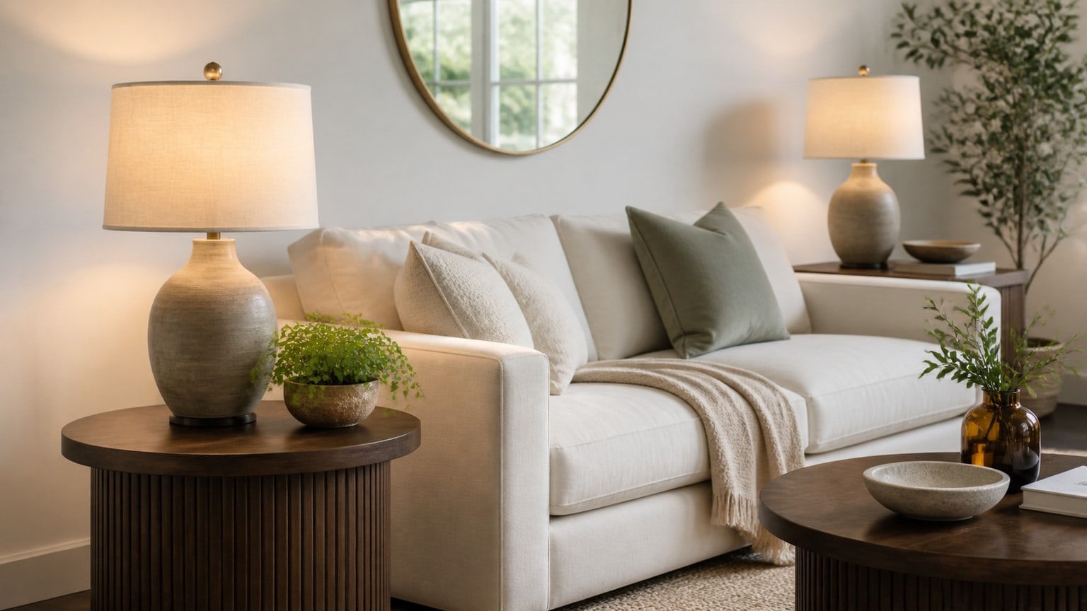 Stylish assortment of metal, wood, and tripod lamps with neutral shades arranged with a sofa and console table in a clean studio setting