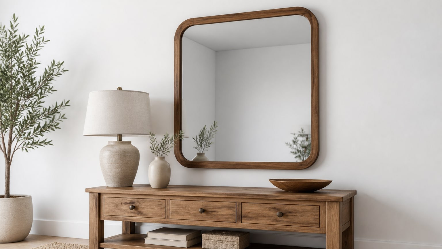 Decorative wall mirror above a modern wooden console table on white background
