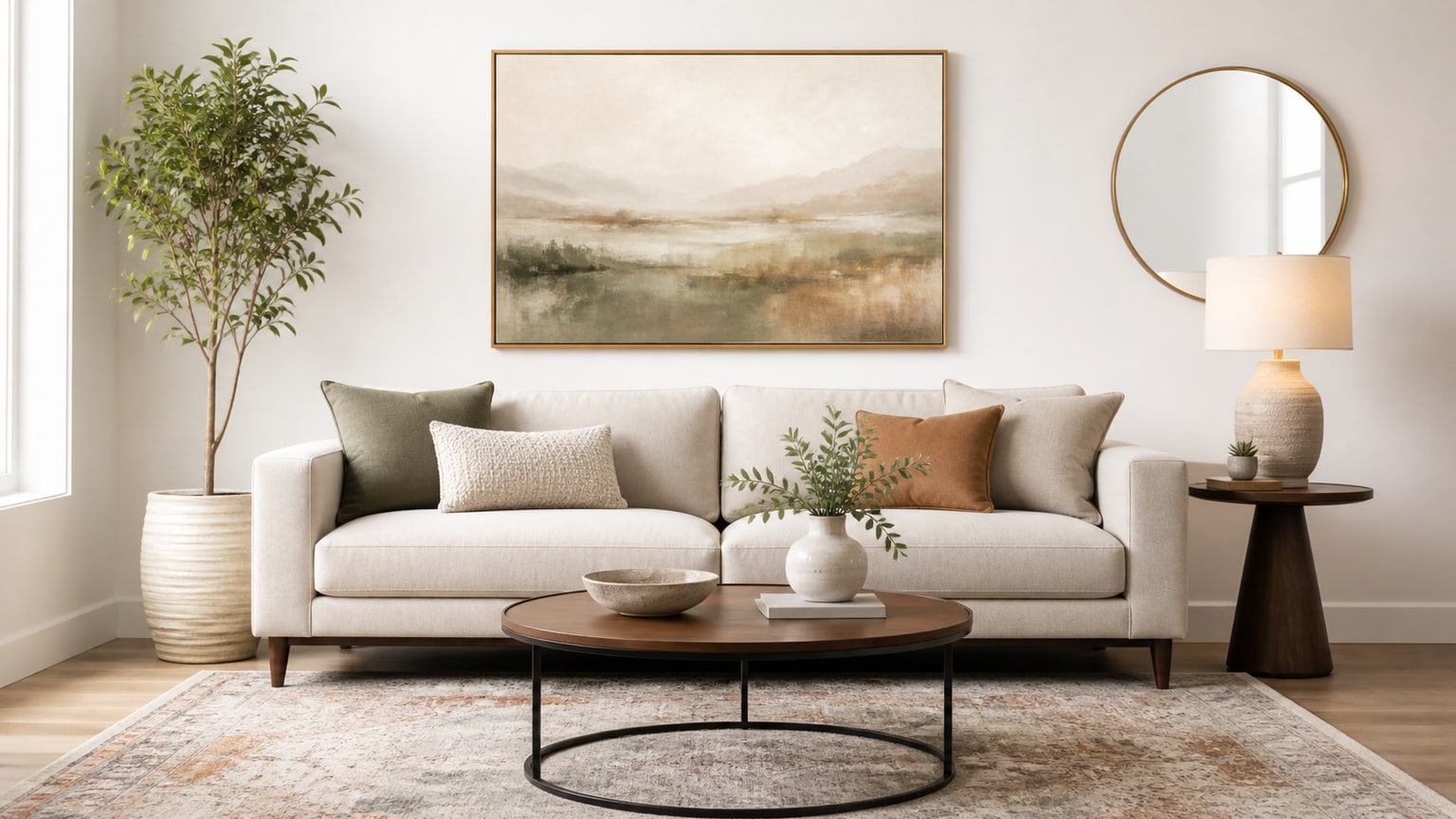 Living room interior showcasing neutral sofa with coordinated framed and canvas wall art on white background