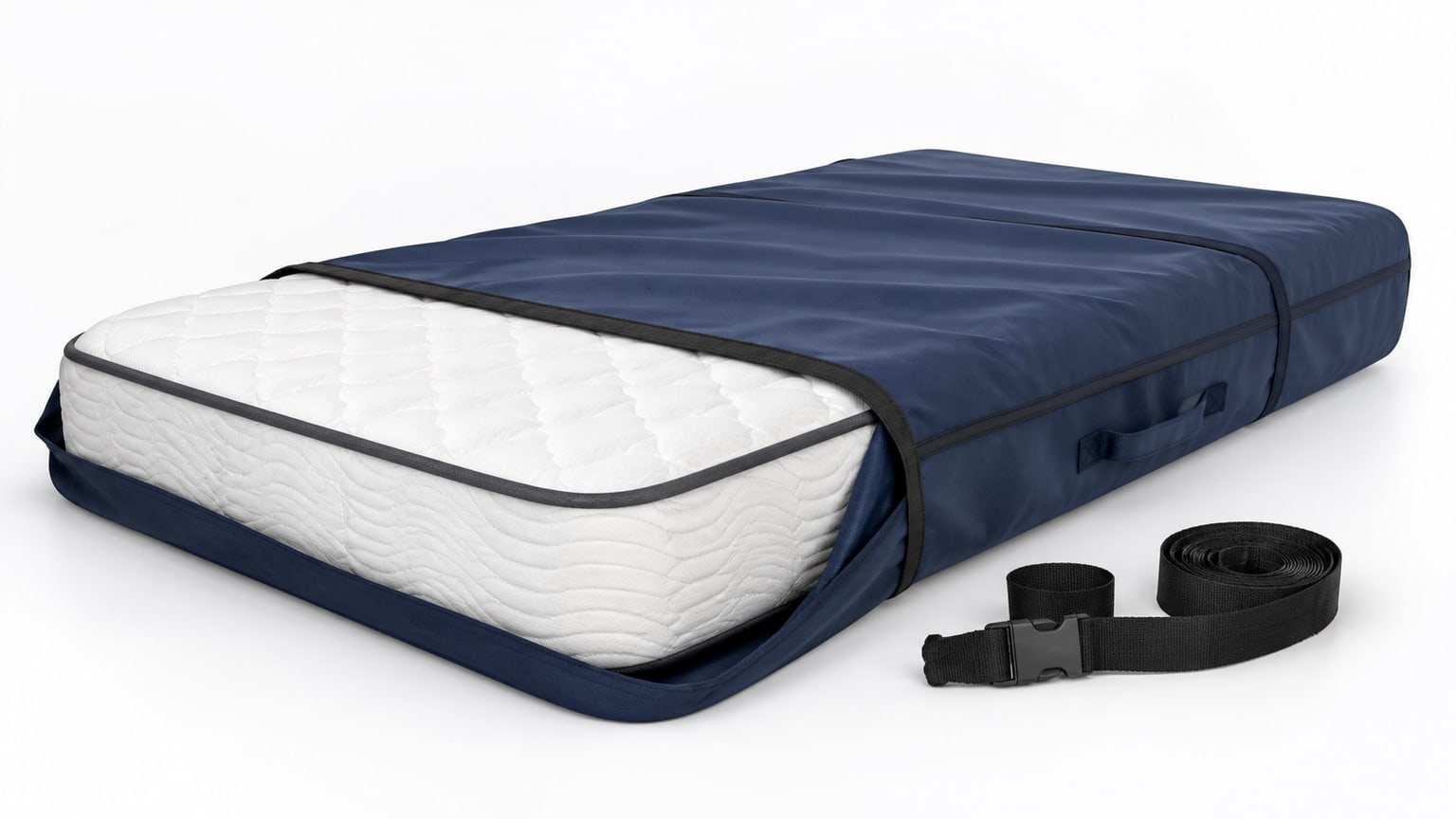 Two people carrying a queen mattress wrapped in a protective cover through a home interior