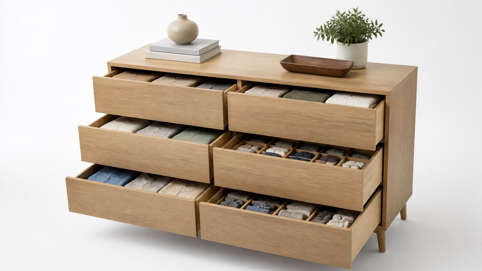 Modern bedroom dresser furniture with multiple organized drawers on white background