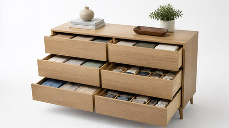 Modern bedroom dresser furniture with multiple organized drawers on white background