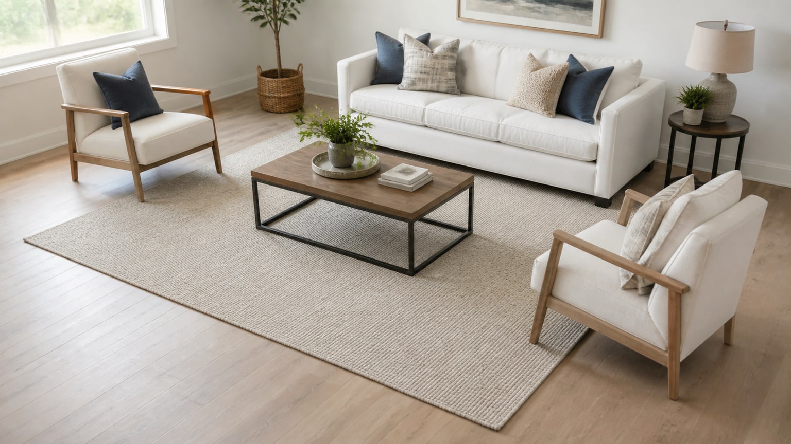 White modern living room with a contemporary area rug and stylish furniture