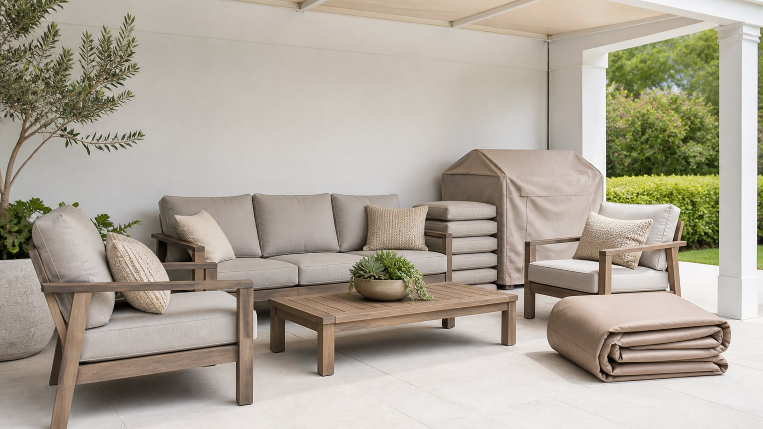 Modern outdoor patio furniture including sectionals and dining tables on bright white patio