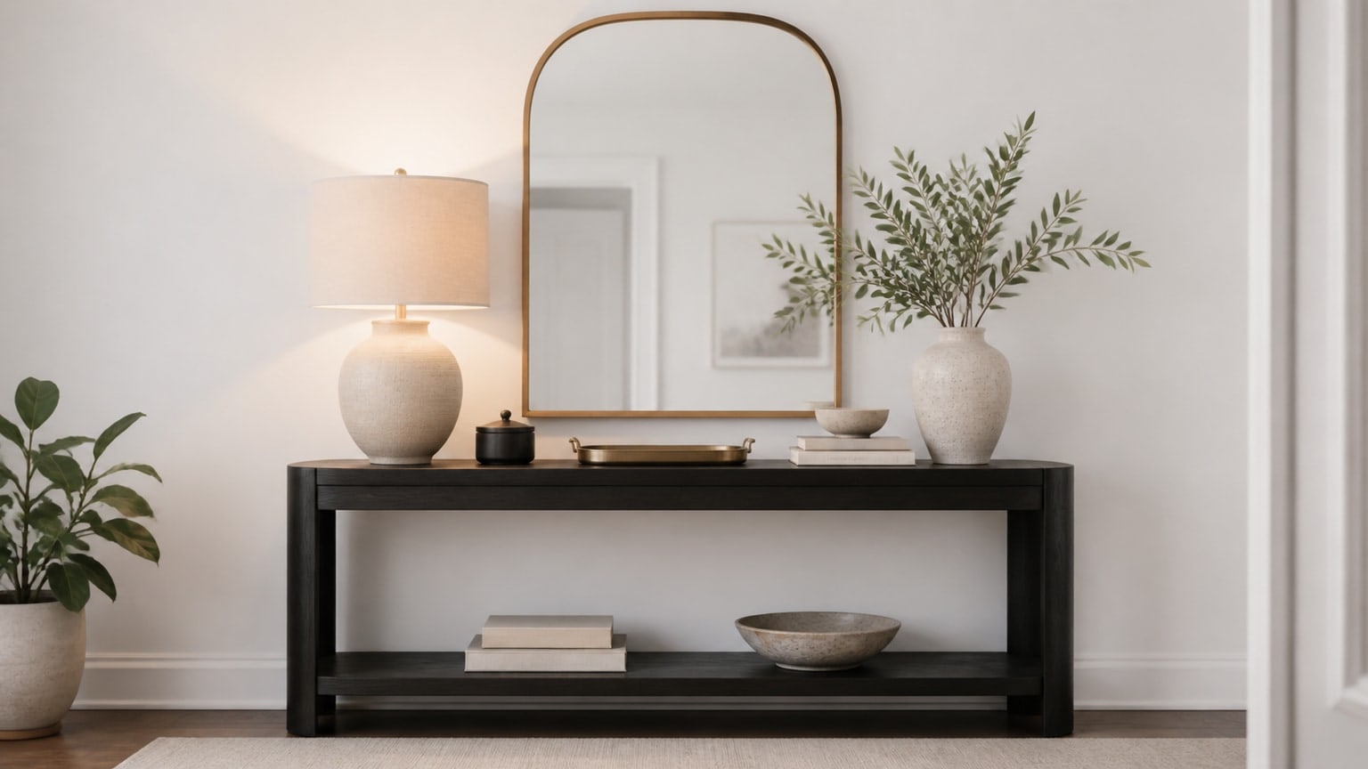 Styled wooden console table with mirror, lamp, vases, trays and books on white background