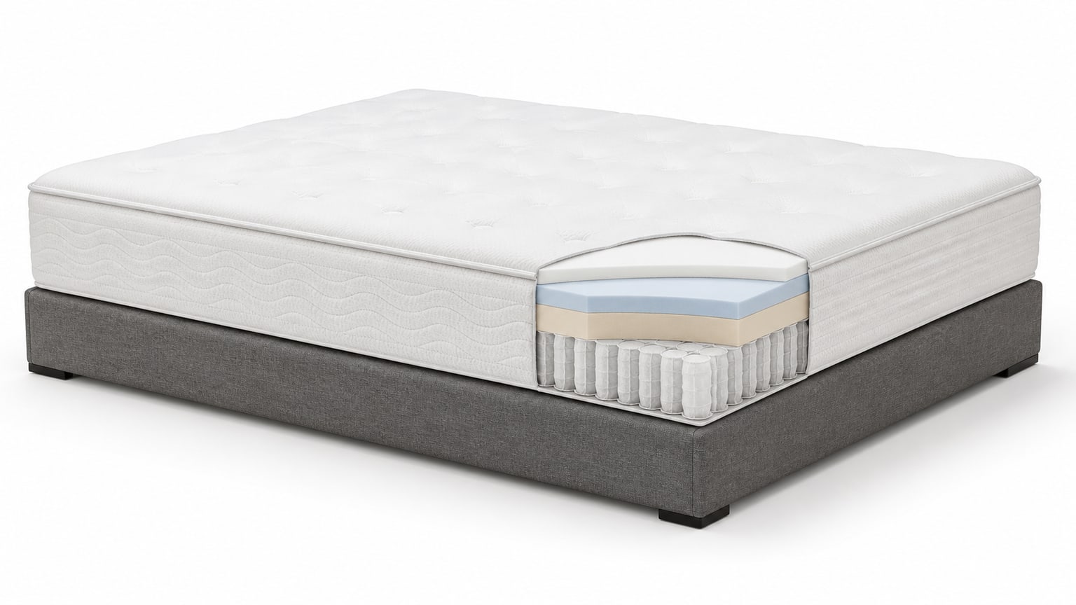 Modern box spring and mattress foundation on white background showing support structures for hybrid mattress
